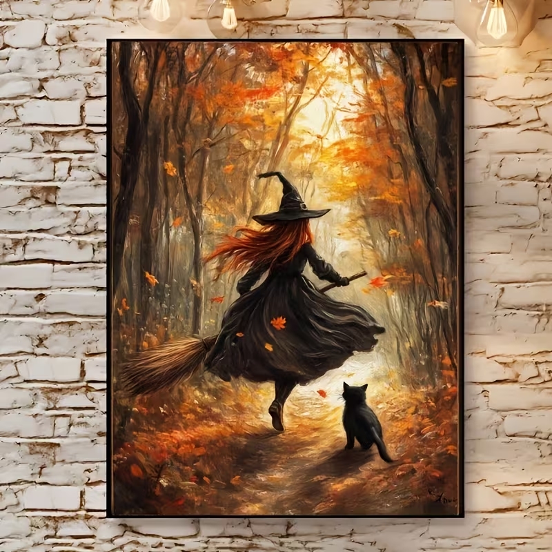 Home Decor Aesthetic - Retro Alloween Autumn Witch On Broomstick